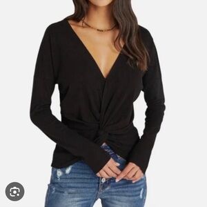 Vici Dolls Knotted Twist Front Ribbed Top Sweater Shirt Black